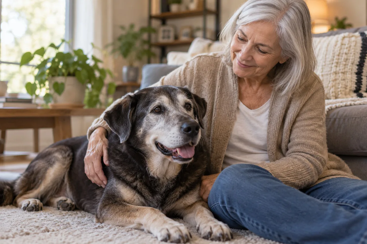 Gray-muzzled dog resting beside an owner on a rug