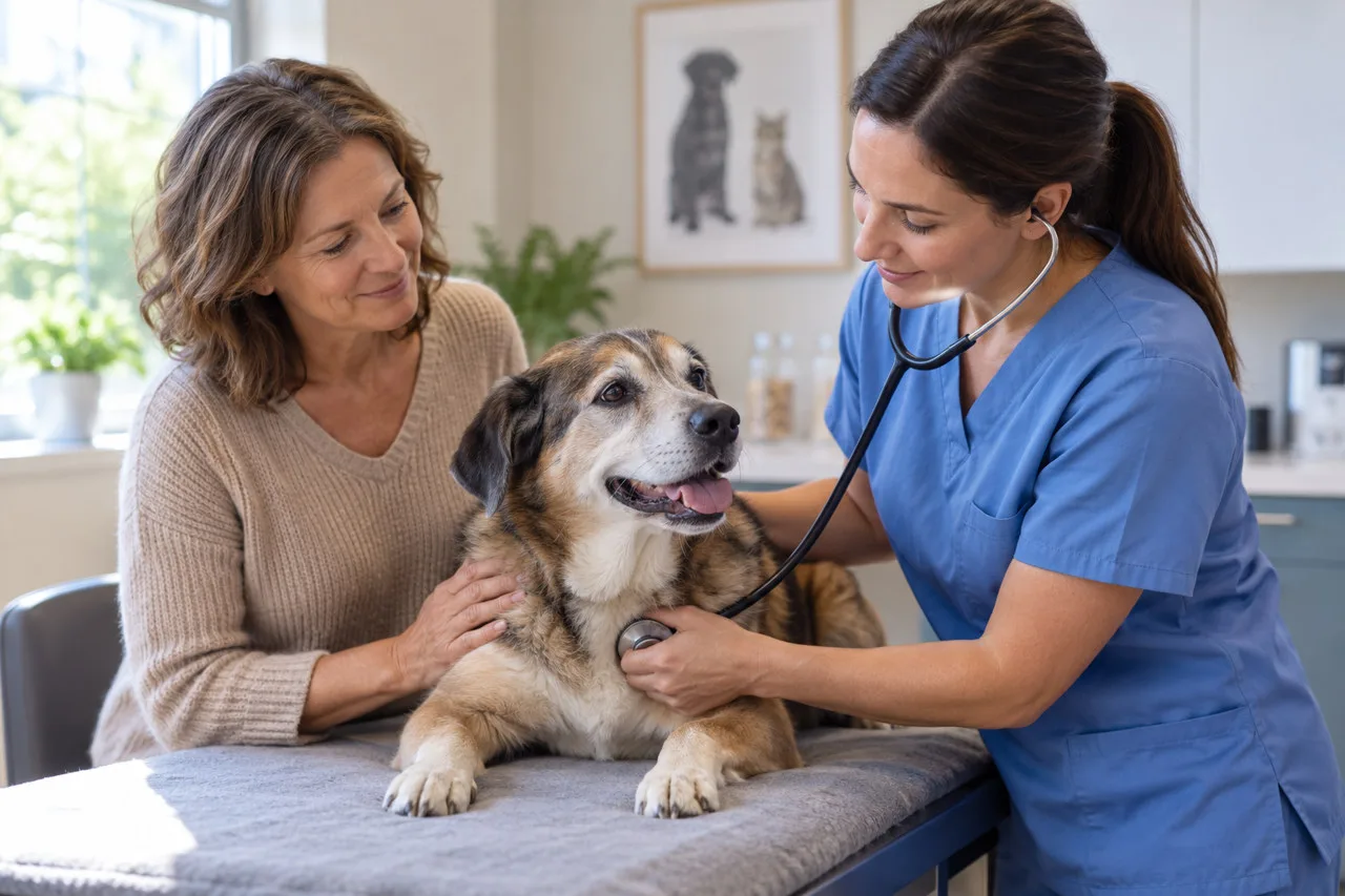 Veterinarian examining a gray-muzzled dog while its owner offers support
